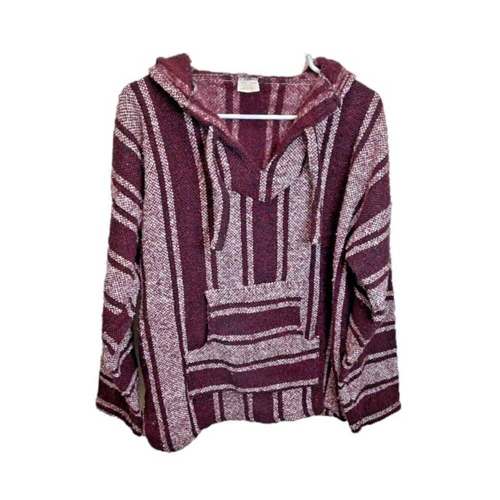 Vel-Mex Baja Poncho Surf Hoodie Mexican Drug Rug Sweater Burgundy Red Women L